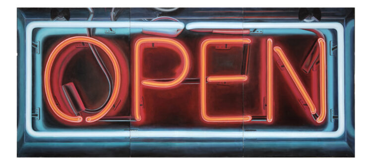 Open Sign, Öl auf Leinwand/ Oil on linen, 450 cm x 200 cm, 2020 uncommon places common places art kunst photography fotografie photographie fineart photography fineart newtopographics beyond places vanishing places contemporary art americanprospects american views picturing america urban stills approaching nowhere cityscape roadside america american surfaces places münster muenster christian gieraths thomas ruff düsseldorf Fotoschule interieur downtown artwork Galerie gallery motel diner contemporary realism realism photorealism fotorealism fotorealismus photorealismus realismus realism interieur painting oilpainting malerei Öl Leinwand Oil linen Open sign opensign neon neonsign Condiment set salt pepper gumball gumballmachine stilllife jukebox typewriter